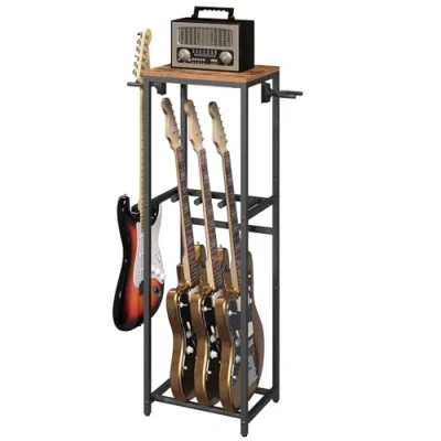 Image of MAHANCRIS Guitar Stand for Acoustic Holder, Electric Guitar, Bass, Multiple Rack, Floor Adjustable Guitars, Amp Accessories, Home Music Studio, Rustic Brown and Black AGSHR6301