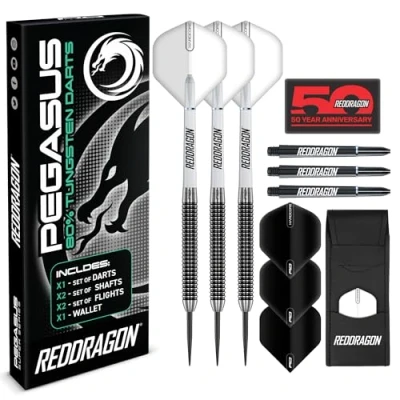 Image of RED DRAGON Pegasus 30 Gram Professional Tungsten Steeltip Darts Set with Flights, Stems (Shafts) and Wallet