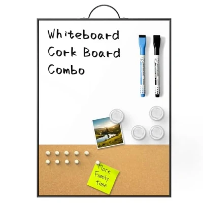 Image of ANLIOTE Magnetic Whiteboard Cork Noticeboard Combo, 40x30cm Hanging Dry Erase Board with Aluminium Frame, Portable Planning for Office Home School Classroom