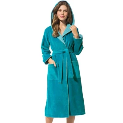 Image of Morgenstern Dressing Gown Women Hood 100% Cotton Velour Long Bathrobe Teal XL