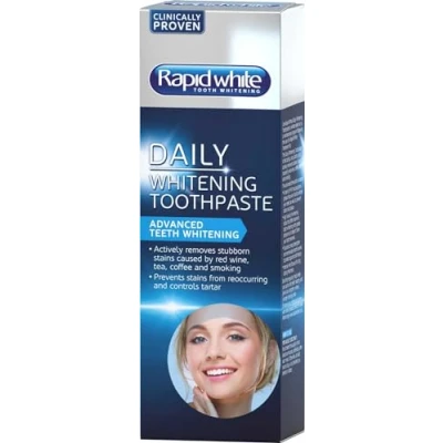 Image of Rapid White Daily Toothpaste 100ml Fast Acting and Long Lasting for Stubborn Stain Removal Intense Mint Flavour Freshness Contains Fluoride to Protect Against Tooth Decay
