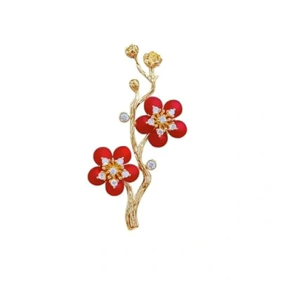 Image of Plum Blossom Brooch Flower Lapel Pin for Women Girls Crystal Rhinestone Pattern Corsage Safety Jewellery Wedding Party Birthday Banquet Red