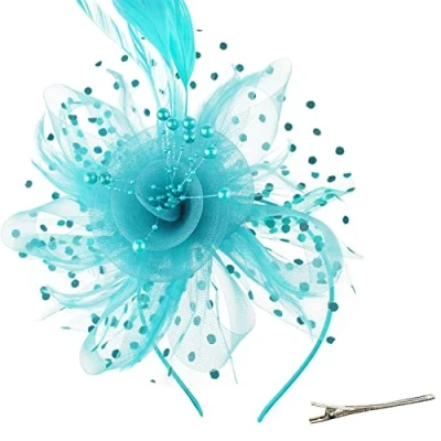 Image of DRESHOW Fascinators Hat Flower Mesh Ribbons Feathers on a Headband and Forked Clip Cocktail Tea Party Headwear for Girls Women