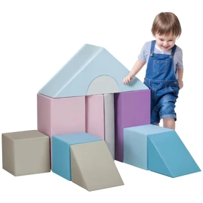 Image of HOMCOM 11 Piece Soft Play Equipment for Toddlers, Set Kids Foam Blocks Toys Climb and Crawl, Indoor Activity Playground 1 3 Years Old, Blue