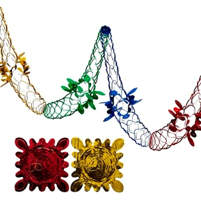 Image of 2 Pk Foil Garland Flower Christmas Hanging Decoration Wall Ceiling Xmas Deco (Red, Blue, Green &amp; Gold)