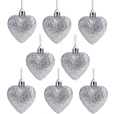 Image of Christmas Concepts® Pack of 8 60mm (2.4&quot;) Heart Shaped Tree Baubles Glitter Decorated (Silver)