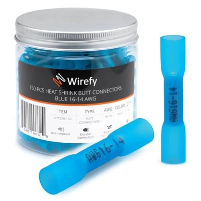 Image of Wirefy 150 PCS Heat Shrink Butt Connectors Blue 16 14 AWG Marine Grade Wire Splice Electrical Waterproof Butts