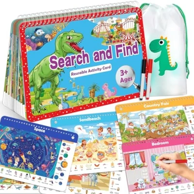 Image of Elfew Search and Find Book for Kids Ages 4 6,3 8, Reusable Activity Mats with 2 Dry Erase Markers 24 Themes Book,Educational Toys 3+ Year Old