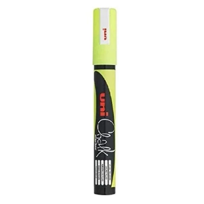 Image of Uni Fluorescent Neon Yellow Bullet Tip Nib (1.8 2.5mm) Liquid Chalk Marker Pen Colour Whiteboard Blackboard Chalkboard Menu Glass Windows Wet Wipe Non Permanent (Pack Of 1) PWE 5M