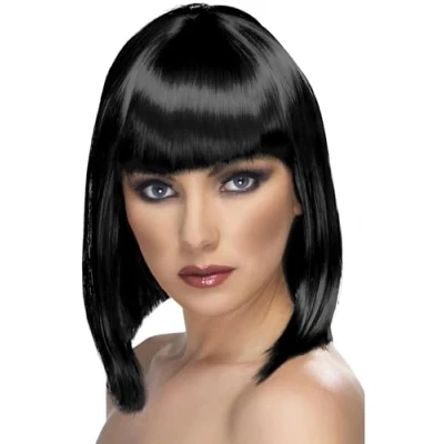 Image of Smiffys Glam Wig, Black Short, Blunt with Fringe, Ladies Glamour Wigs Fancy Dress, Adult Dress Up