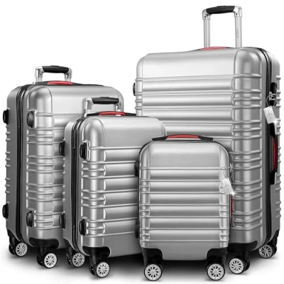 Image of MONZANA® 4Pc Travel Suitcase Set with Organiser, Scale &amp; Strap Lightweight ABS Hard Shell Luggage 4 Spinner Twin Wheels Scratch Resistant Lockable Cabin Trolley Cases S M L XL Silver