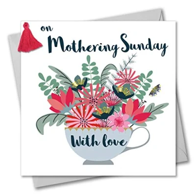 Image of Tassel Embellished Mother&#039;s Day Greeting Card, Teacup and Flowers, On Mothering Sunday with Love