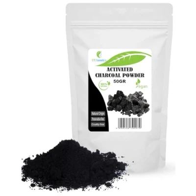 Image of Activated Charcoal powder 25/50 gr usage in masks, body wraps, exfoliating formulations, coloring agent for soaps, makeup formulations as mascara, eye shadow, liner (50 Gr)