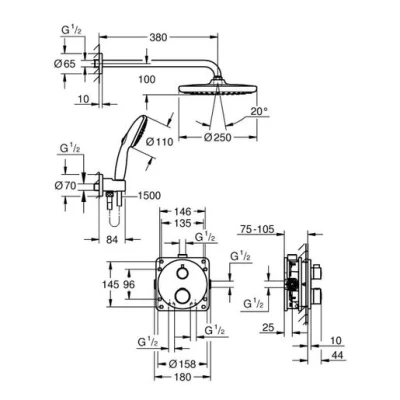 Image of Grohe Grohtherm Concealed Rear Fed Dual Outlet Shower System With Tempesta 250 Round Chrome 34872000