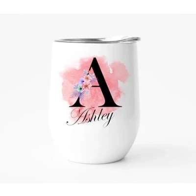 Image of EKAM Personalised Floral Tumbler Stylish Initial with Name 12oz Stainless Steel Travel Mug, for Wine, Whisky, Coffee, Vodka Lid, Custom Gift Christmas Day, Birthday, Any Occasion