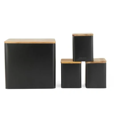 Image of Salter BW12900EU7 Toronto 4 Piece Countertop Set Bread Bin, Tea, Sugar, Coffee Canisters, Storage Containers, Powder Coated Black Finish, Acacia Wooden Lids, Stylish, Jars, Black/Wooden