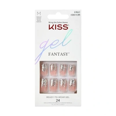 Image of KISS Gel Fantasy Collection Glue On Manicure Kit, Fanciful, Medium Length Square Fake Nails Includes 28 False Nails, Nail Glue, File, and Stick