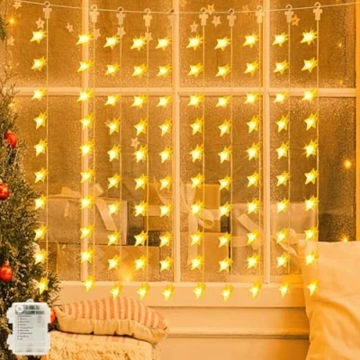 Image of Neonawall Star Curtain Fairy Lights Battery Powered 2m x 1m 100 LED Christmas String Outdoor Waterproof &amp; 8 Modes for Windows Bedroom Party Indoor Outside Decorations (Warm White)