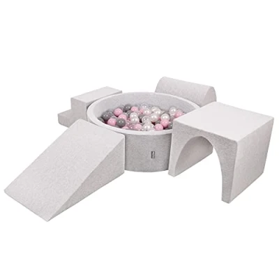 Image of KiddyMoon Foam Playground For Kids With Round Ballpit (300 Balls) Obstacle Course, Lightgrey:Pearl/Grey/Transparent/Powderpink