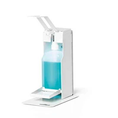 Image of Durable Table Top Disinfectant Dispenser with Arm Lever for or soap Flexible Adjustment to Bottle Sizes Up 500 ml White