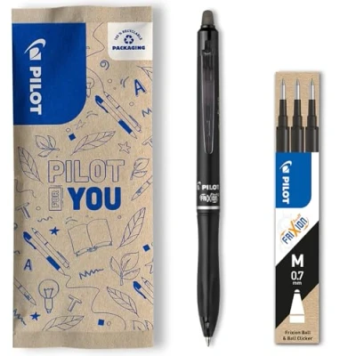 Image of PILOT Set of 1 FriXion Ball 07 Plus + 3 Refills Erasable Roller Pen Retractable and Refillable Made from Recycled Plastic Black Medium Tip