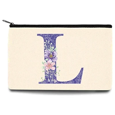 Image of 26 Letter Printed Zip Canvas Pouch Makeup Bag Make Up Bag, Cosmetic Travel Bag,Toiletry Bag,Organizer Bags,Toiletry Bags, Bride Bridesmaid Bag,Pencil Bag,Wash Bag,Coin Purse (Purple Flower L)