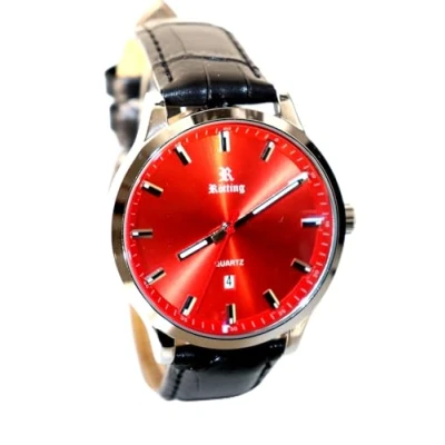 Image of Rötting Design Collection Men&#039;s Quartz Watch with Red Dial and Date Black Leather Strap, silver, Classic