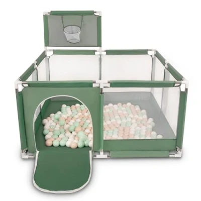 Image of Selonis Square Play Pen Filed with 100 Balls Basketball, Green:Pastel Beige/White/Mint