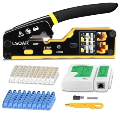 Image of Lsoar RJ45 Crimp Tool Kit Pass Through Crimper, Ethernet Crimping Yellow