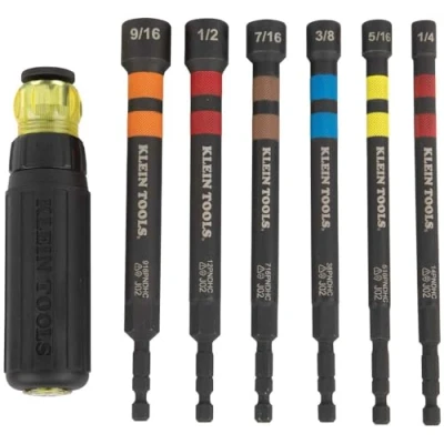 Image of Klein Tools 32950 Ratcheting Impact Rated Hollow Power Nut Driver Set with Handle, Magnetic, Color Coded, 6 SAE Hex Sizes