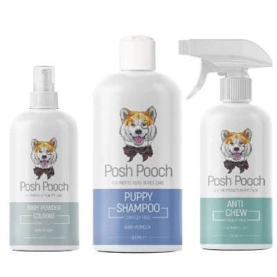 Image of Puppy PACK Bundle Natural Shampoo, Anti Chew Spray &amp; Baby Powder Cologne Posh Pooch® OF 3 Allergen Free Vegan Cruelty Ingredients, For Young Puppies With Sensitive Skin