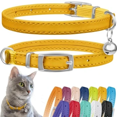 Image of CollarDirect Leather Cat Collar, Safety Collar with Elastic Strap, Kitten for Bell Black Blue Red Orange Lime Green (Neck Fit 6&quot; 7&quot;, Yellow)