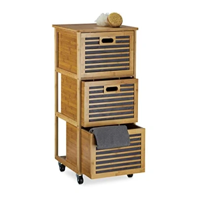 Image of Relaxdays Rolling Tall Drawers Made of Bamboo Compartments Cabinets, Size: 92 x 41 cm Storage Solution w/ 3 Boxes w/Wheels as Hamper &amp; Holder for Bathroom Utensils, Natural Brown,