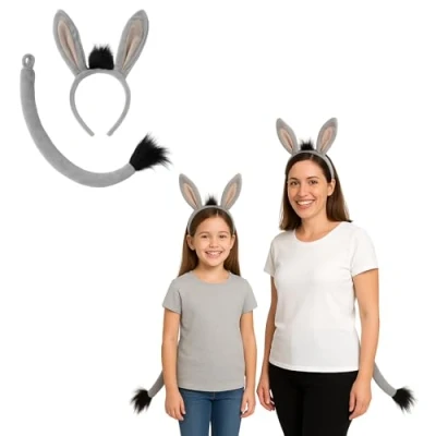 Image of FNA FASHIONS Donkey Ears and Tail Set Soft Plush Costume Accessory for Kids &amp; Adults Animal Themed Fancy Dress Headband