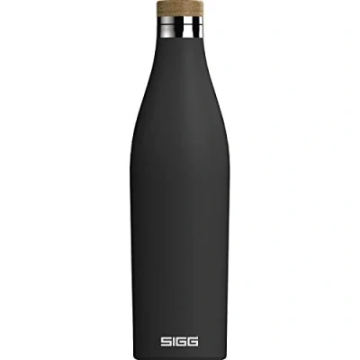 Image of SIGG Insulated Water Bottle Meridian Leakproof Extra Slim BPA Free Plastic Double Walled 18/8 Stainless Steel Bamboo Screw Top Black 0.7 L