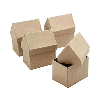Image of 4 House Shaped 10.5cm Paper Mache Boxes to Decorate Papier