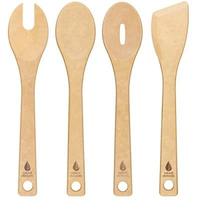 Image of Natural Elements Recycled Wood Fibre 4 Piece Kitchen Utensil Set, Spatula, Cooking Spoon, Slotted Spoon &amp; Spaghetti Server, Eco Friendly Wooden Baking Tools, Plastic Free