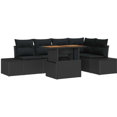 Image of vidaXL 6 Piece Garden Dining Set with Cushions Black Poly Rattan Acacia
