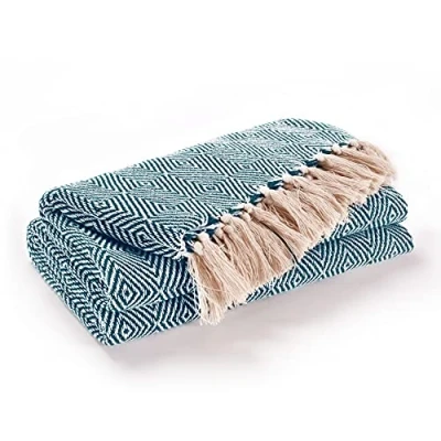 Image of EHC Luxury Reversible Super Soft Cotton Diamond Large Throw For Sofa, Double Bed, Armchair Peacock, 150 x 200 cm
