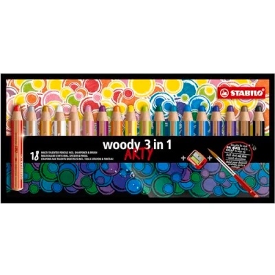 Image of Multi Talented Pencil STABILO woody 3 in 1 ARTY Pack of 18 Assorted Colours with Sharpener and Paint Brush