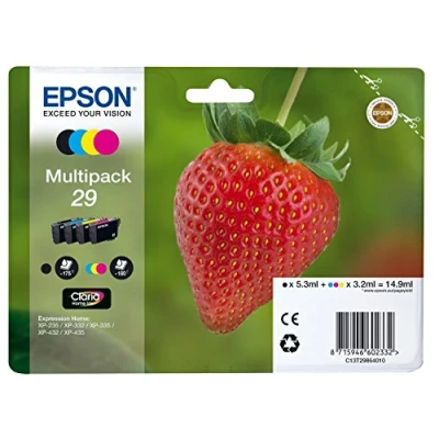 Image of Epson 29 CMYK 3.2ml 5.3ml Black, Cyan, Magenta, Yellow Ink Cartridges (Black, Yellow, Expression Home XP 235/332/335/432/435, Inkjet Standard Yield, 5.3 ml, 3.2 ml)