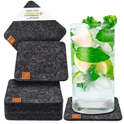 Image of Miqio® Design Glass Coaster Felt and Leather Coasters Set of 10 for Drinks with Genuine Appliqué Easily Washable Sound Absorbing Cup Mats