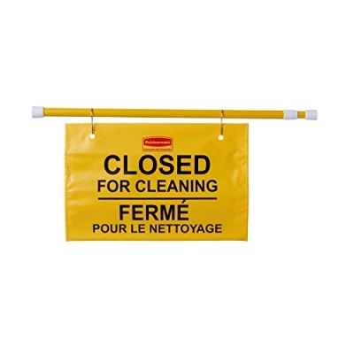 Image of Rubbermaid Commercial Products FG9S1600YEL, Site Safety Hanging Sign Multilingual &#039;Closed for Cleaning&#039; Yellow