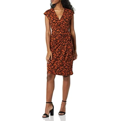Image of Amazon Essentials Women&#039;s Classic Cap Sleeve Wrap Dress (Available in Plus Sizes), Brown Floral Print, XXL