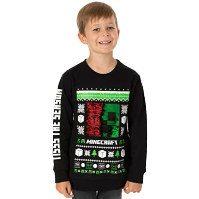 Image of Minecraft Christmas Jumper Kids Girls Boys Creeper Villain TNT Flip Sequin Sweatshirt Xmas Festive Sweater Outfit 9 Years