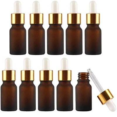 Image of Alledomain 10Pcs, 10ml Frosted Amber Glass Bottles with Pipettes, Mini Empty Dropper Gold Metal Cap Refillable Sample Container for Essential Oil/Aromatherapy Blends/Chemical Liquid
