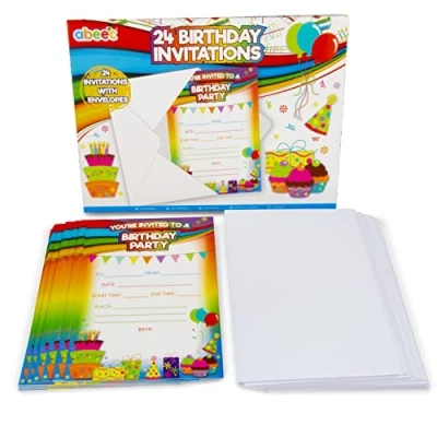 Image of abeec Birthday Invitations Party Kids&#039; &amp; Cards Kids Invites 24 Pack Of A6 With White Envelopes