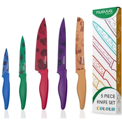 Image of nuovva Professional Kitchen Knife Set 5pcs Colour Pattern Knives Stainless Steel Granite Non Stick Blades Chefs, Filleting, Bread, Paring and Utility