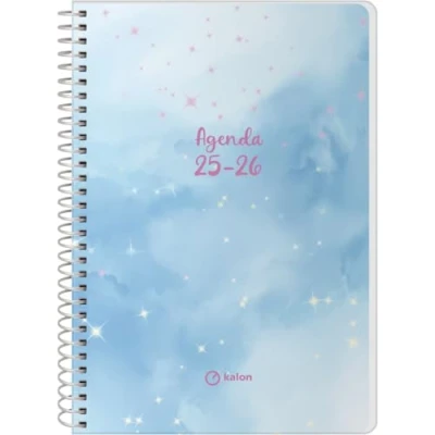 Image of Q Kalon School Planner 2025 2026 Day per Page, A5 Size (15x21 cm), Spanish and English, September to June, Spiral Binding, Flexible Cover with Protective Plastic Sky
