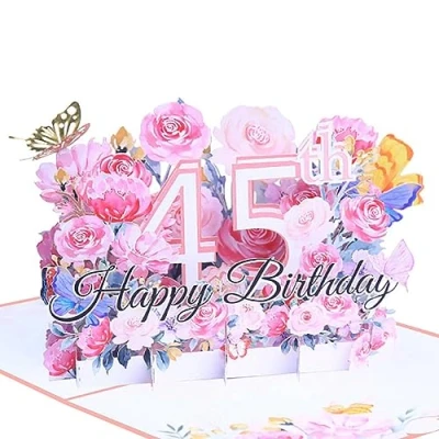 Image of Happy 45th Birthday Card, 3D Flower Pop Up Greeting Cards, Cards with Envelope and Note Anniversary Card,Birthday Gift for Women Men